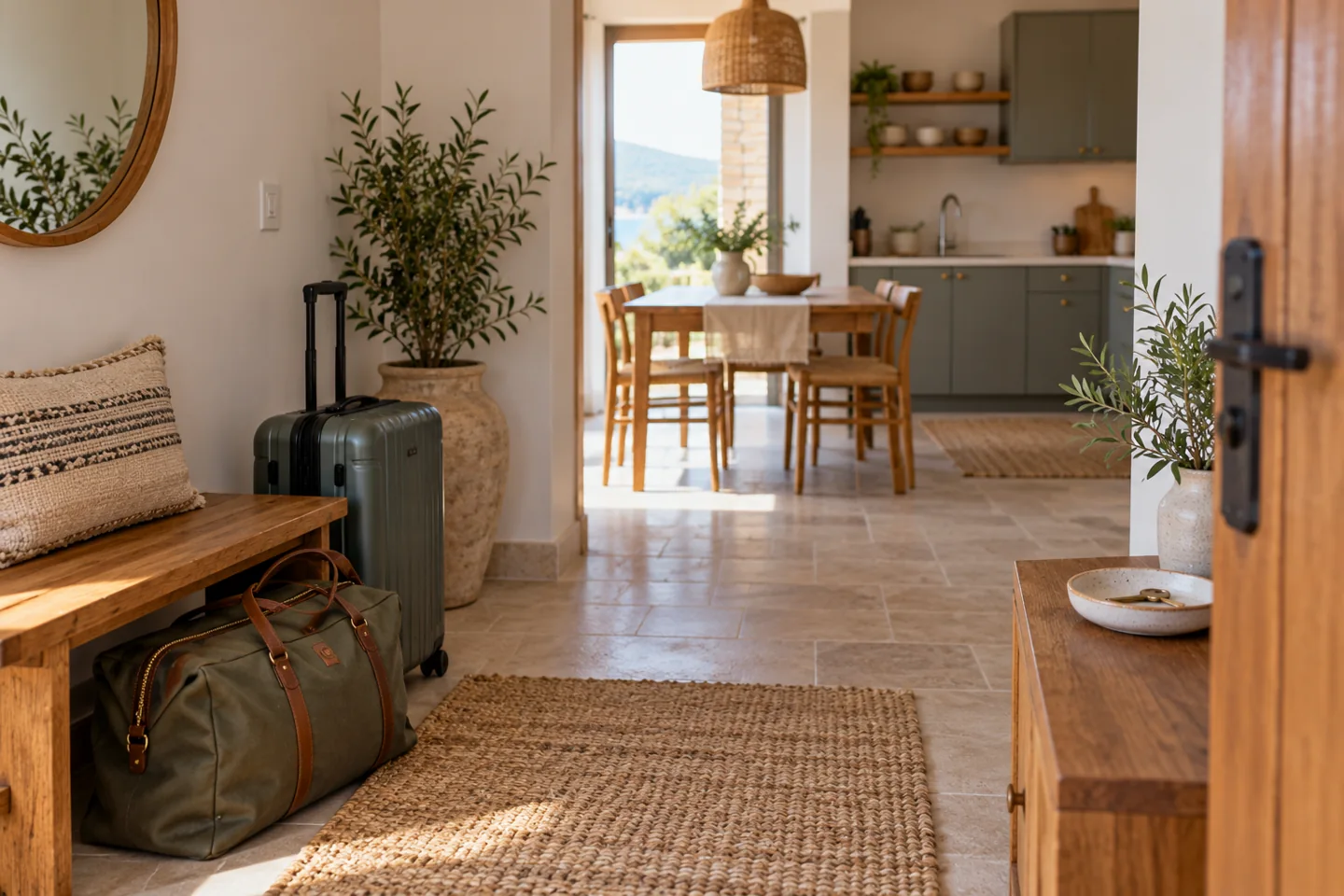Entrée d’un appartement avec bagages et clés à disposition.
