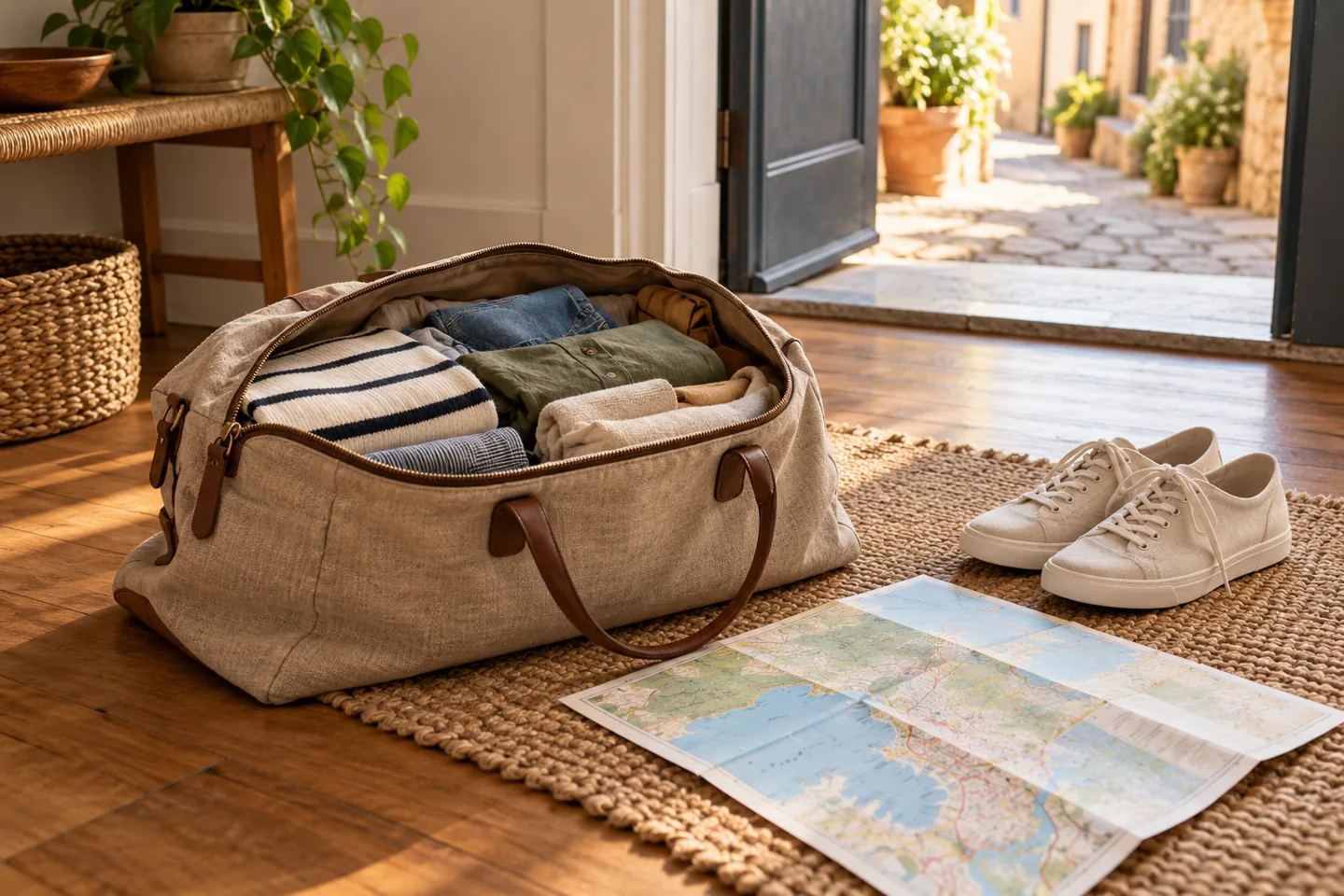 Sac de voyage ouvert et affaires préparées pour un court séjour.